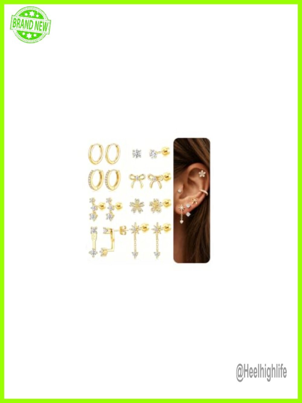 Hypoallergenic Flat Back Stud Dangle Earring Set 14K Gold Plated CZ